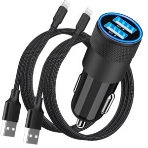 ??Mfi Certified??Iphone Car Charger Fast Charging, 4.8A Dual USB Smart Power Cigarette Lighter USB Car Charger with 2Pack Lightning Braided Cable for Iphone 14 13 12 11 Pro XS Mini XR X SE Ipad