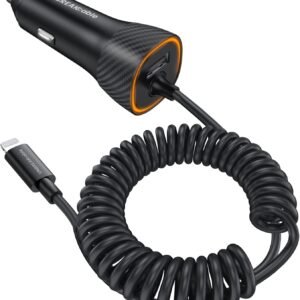 32W Iphone Car Charger -  [PD 20W Quick Charge] [Apple MFI C94 Certified] Phone Cigarette Lighter with Built-In 5FT Lightning Cable for Apple Iphone 14/13/12/11/Xs/Xs Max/Xr/X/8-Orange